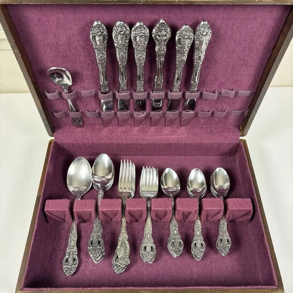 Vintage Kimco Stainless Steel Flatware Set Of 42 In Box Made In Korea Floral MCM